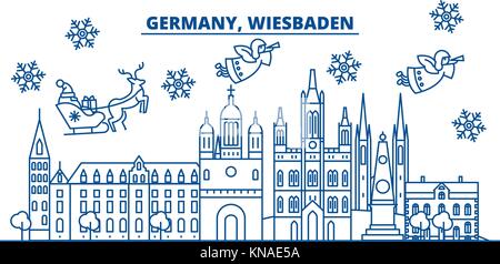 Deutschland, Wiesbaden winter City Skyline. frohe Weihnachten, Frohes neues Jahr eingerichteten Banner mit Santa Claus. winter Gruß Line Card. Flach, umriss Vektor. Lineare Weihnachten Schnee Abbildung Stock Vektor