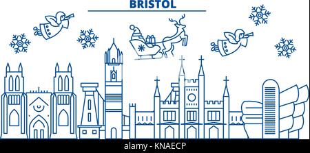 Großbritannien, Bristol winter City Skyline. frohe Weihnachten, Frohes neues Jahr eingerichteten Banner mit Santa Claus. winter Gruß Line Card. Flach, umriss Vektor. Lineare Weihnachten Schnee Abbildung Stock Vektor