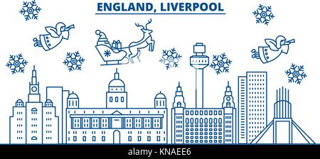 Großbritannien, Liverpool winter City Skyline. frohe Weihnachten, Frohes neues Jahr eingerichteten Banner mit Santa Claus. winter Gruß Line Card. Flach, umriss Vektor. Lineare Weihnachten Schnee Abbildung Stock Vektor