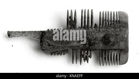 Doppelseitiger Kamm MET sf17-193-306s1 465639 fränkischer, doppelseitiger Kamm, 7. Jahrhundert, Knochen, Eisenstifte, insgesamt: 4 x 1 3/4 x 13/16 Zoll (10.2 x 4.5 x 2.1 cm). Das Metropolitan Museum of Art, New York. Schenkung von J. Pierpont Morgan, 1917 (17.193.306) Stockfoto