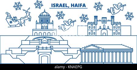 Israel, Haifa winter City Skyline. frohe Weihnachten, Frohes neues Jahr eingerichteten Banner mit Santa Claus. winter Gruß Line Card. Flach, umriss Vektor. Lineare Weihnachten Schnee Abbildung Stock Vektor