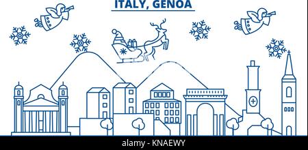 Italien, Genua winter City Skyline. frohe Weihnachten, Frohes neues Jahr eingerichteten Banner mit Santa Claus. winter Gruß Line Card. Flach, umriss Vektor. Lineare Weihnachten Schnee Abbildung Stock Vektor