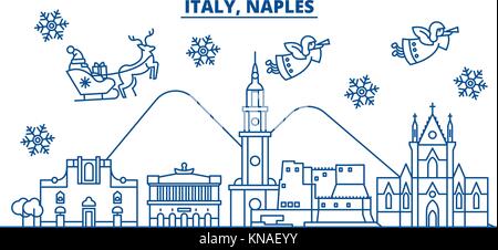 Italien, Neapel winter City Skyline. frohe Weihnachten, Frohes neues Jahr eingerichteten Banner mit Santa Claus. winter Gruß Line Card. Flach, umriss Vektor. Lineare Weihnachten Schnee Abbildung Stock Vektor