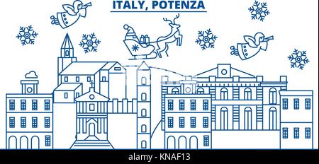 Italien, Potenza winter City Skyline. frohe Weihnachten, Frohes neues Jahr eingerichteten Banner mit Santa Claus. winter Gruß Line Card. Flach, umriss Vektor. Lineare Weihnachten Schnee Abbildung Stock Vektor