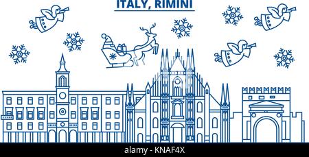 Italien, Rimini winter City Skyline. frohe Weihnachten, Frohes neues Jahr eingerichteten Banner mit Santa Claus. winter Gruß Line Card. Flach, umriss Vektor. Lineare Weihnachten Schnee Abbildung Stock Vektor