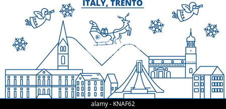 Italien, Trento winter City Skyline. frohe Weihnachten, Frohes neues Jahr eingerichteten Banner mit Santa Claus. winter Gruß Line Card. Flach, umriss Vektor. Lineare Weihnachten Schnee Abbildung Stock Vektor