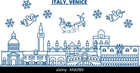 Italien, Venedig im Winter die Skyline der Stadt. frohe Weihnachten, Frohes neues Jahr eingerichteten Banner mit Santa Claus. winter Gruß Line Card. Flach, umriss Vektor. Lineare Weihnachten Schnee Abbildung Stock Vektor