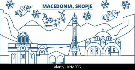 Mazedonien, Skopje winter City Skyline. frohe Weihnachten, Frohes neues Jahr eingerichteten Banner mit Santa Claus. winter Gruß Line Card. Flach, umriss Vektor. Lineare Weihnachten Schnee Abbildung Stock Vektor