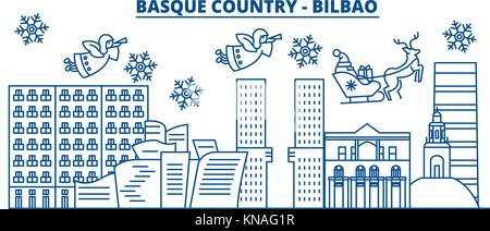 Spanien, Bilbao, Baskenland winter City Skyline. frohe Weihnachten, Frohes neues Jahr eingerichteten Banner mit Santa Claus. winter Gruß Line Card. Flach, umriss Vektor. Lineare Weihnachten Schnee Abbildung Stock Vektor