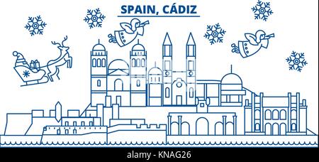 Spanien, Cadiz winter City Skyline. frohe Weihnachten, Frohes neues Jahr eingerichteten Banner mit Santa Claus. winter Gruß Line Card. Flach, umriss Vektor. Lineare Weihnachten Schnee Abbildung Stock Vektor