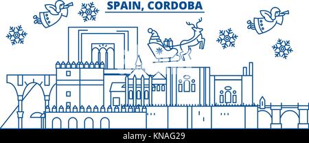 Spanien, Cordoba winter City Skyline. frohe Weihnachten, Frohes neues Jahr eingerichteten Banner mit Santa Claus. winter Gruß Line Card. Flach, umriss Vektor. Lineare Weihnachten Schnee Abbildung Stock Vektor