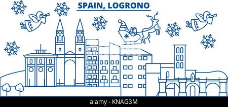 Spanien, logrono Winter City Skyline. frohe Weihnachten, Frohes neues Jahr eingerichteten Banner mit Santa Claus. winter Gruß Line Card. Flach, umriss Vektor. Lineare Weihnachten Schnee Abbildung Stock Vektor