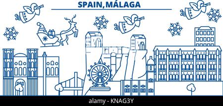 Spanien, Malaga, Andalusien winter City Skyline. frohe Weihnachten, Frohes neues Jahr eingerichteten Banner mit Santa Claus. winter Gruß Line Card. Flach, umriss Vektor. Lineare Weihnachten Schnee Abbildung Stock Vektor