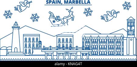 Spanien, Marbella winter City Skyline. frohe Weihnachten, Frohes neues Jahr eingerichteten Banner mit Santa Claus. winter Gruß Line Card. Flach, umriss Vektor. Lineare Weihnachten Schnee Abbildung Stock Vektor