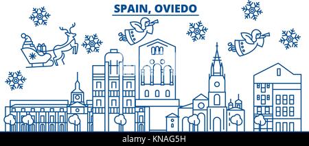 Spanien, Oviedo winter City Skyline. frohe Weihnachten, Frohes neues Jahr eingerichteten Banner mit Santa Claus. winter Gruß Line Card. Flach, umriss Vektor. Lineare Weihnachten Schnee Abbildung Stock Vektor