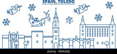 Spanien, Toledo winter City Skyline. frohe Weihnachten, Frohes neues Jahr eingerichteten Banner mit Santa Claus. winter Gruß Line Card. Flach, umriss Vektor. Lineare Weihnachten Schnee Abbildung Stock Vektor