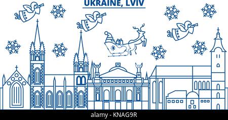 Ukraine, Lviv winter City Skyline. frohe Weihnachten, Frohes neues Jahr eingerichteten Banner mit Santa Claus. winter Gruß Line Card. Flach, umriss Vektor. Lineare Weihnachten Schnee Abbildung Stock Vektor