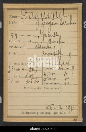 Diese Aufzeichnung dokumentiert Eugène Daguenet, einen 39-jährigen Schreiner und Anarchist aus Granville, Frankreich, vom 26. Februar 1894 als Teil der MET-Sammlung DP290357. Stockfoto