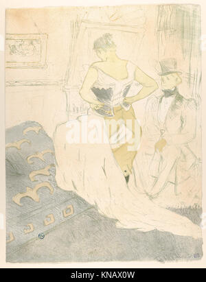 Dieses Kunstwerk aus der Serie „Elles“ zeigt das Anschließen eines Korsetts und hebt Mode, gesellschaftliche Rollen und die Praktiken der Damenbekleidung in dieser Zeit hervor. Stockfoto