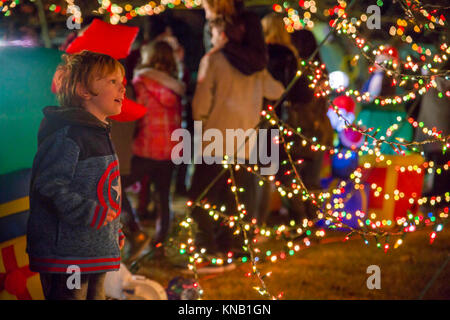 Ein Kind schaut auf die Lichter am Weihnachtsbaum während eines Urlaubs baum Beleuchtung in der Marine Corps Air Station Iwakuni, Japan, Dez. 2, 2017. Der Baum Beleuchtung brachten japanische Einheimische und Amerikaner zusammen für einen Urlaub von der Feier. Mehrere Organisationen, die Stände Geld für ihre Sache zu heben und Live Musik gespielt, während die Marine Corps Community Services Iwakuni kostenlose Kekse und heiße Getränke für die Teilnehmer zur Verfügung gestellt. (U.S. Marine Corps Stockfoto