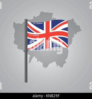 London Karte und Großbritannien Flagge auf einem silber-metallic Pol Stock Vektor