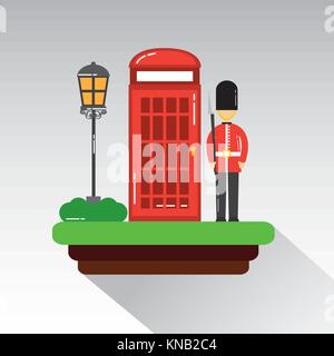 Cartoon Soldat der Royal Guard in traditioneller uniform Kabine Telefon und Lampe Stock Vektor