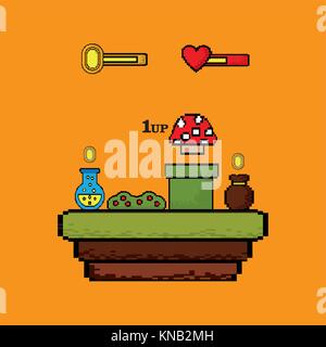 Video Spiel Kolben trank Tasche Geld und Pilze Stock Vektor