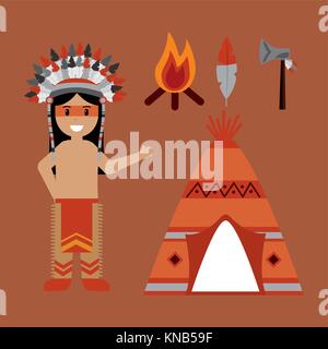Native American Indian Charakter teepee Ax und Lagerfeuer Stock Vektor