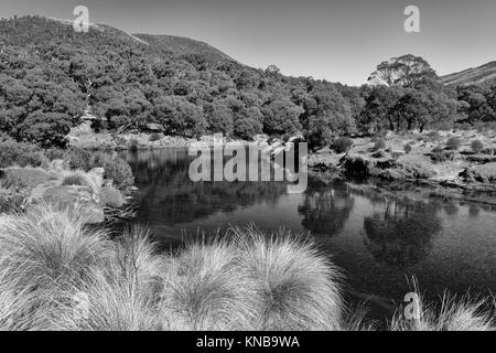 Schwarz-weiß Bild von Thredbo River im Thredbo Diggings in Kosciuszko National Park in den Snowy Mountains im Süden von New South Wales, Australien. Stockfoto