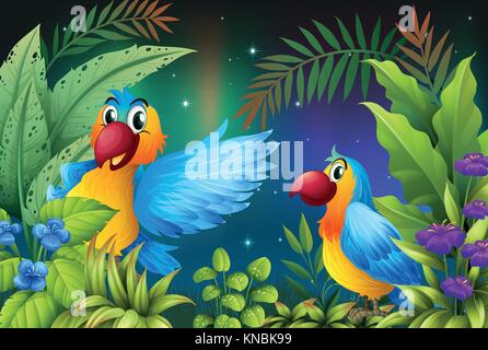 Abbildung von zwei Vögel in einem dunklen Wald Stock Vektor