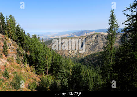 Blick über die Myra Bellevue Park, Holz- Doubles Eisenbahn, Kettle Valley Railway, Myra Canyon, Stadt, Okanagan Region Kelowna, British Columbia, Kanada. Stockfoto