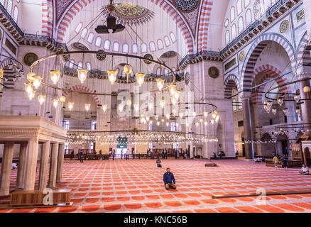 Nicht identifizierte Türkischen muslimischen Männern in der Süleymaniye-moschee beten, mit islamischen Elementen gestaltet und durch die osmanischen Architekten Sinan. Istanbul, Türkei entwickelt. Stockfoto