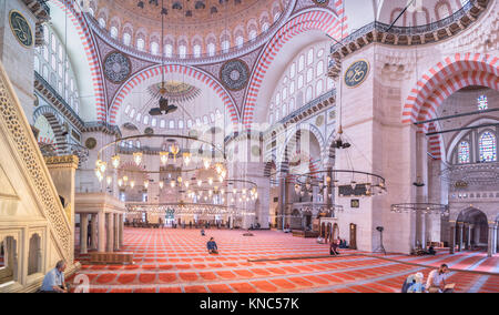 Nicht identifizierte Türkischen muslimischen Männern in der Süleymaniye-moschee beten, mit islamischen Elementen gestaltet und durch die osmanischen Architekten Sinan. Istanbul, Türkei entwickelt. Stockfoto