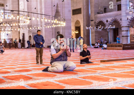 Nicht identifizierte Türkischen muslimischen Männern in der Süleymaniye-moschee beten, mit islamischen Elementen gestaltet und durch die osmanischen Architekten Sinan. Istanbul, Türkei entwickelt. Stockfoto