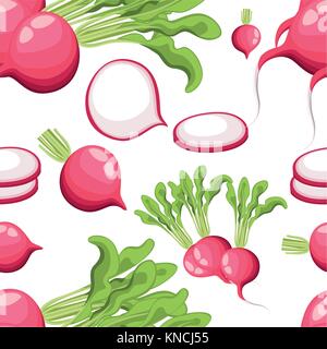Nahtlose Muster rettich mit einem Bündel von Blättern nützliche Gemüse Flat Style frische Lebensmittel Vector Illustration auf weißem Hintergrund Web site Seite und mobi Stock Vektor