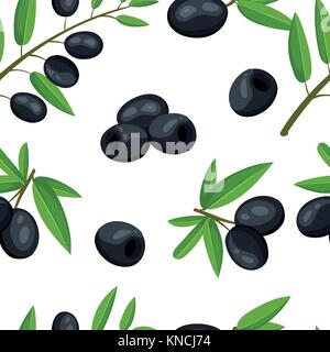 Nahtlose Muster schwarzen Oliven Ast mit Blätter gesundes Gemüse und vegetarische frische Bio-Lebensmittel Vector Illustration auf weißem Hintergrund Website Stock Vektor