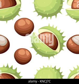 Nahtlose Muster chesnut geschält und ganze Kastanien Zeichnung von Kastanien mit und ohne Green Peel leckeren, gesunden veganen Snack Flat Style ve Stock Vektor