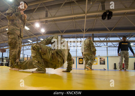 Us-Soldaten, der Provost Marshall Büro in der US-Armee Garnison Benelux zugeordnet, die Praxis der Strafverfolgung Selbstverteidigung Haltungen, auf chièvres Air Base, Belgien, Dez. 6, 2017. Die Soldaten erlernten Selbstverteidigungstechniken Strafverfolgung Zertifizierung zu erhalten. (U.S. Armee Stockfoto