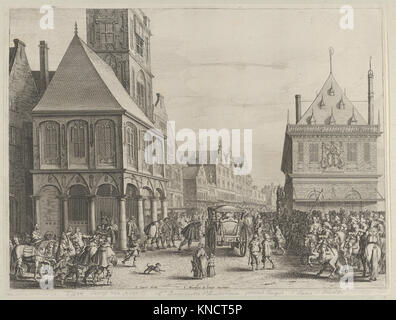 Diese Gravur zeigt die Stadtrichter, die sich vor dem Rathaus von Marie de Medici verabschieden, und veranschaulicht zeremonielle und politische Ereignisse im Europa des 17. Jahrhunderts. Stockfoto