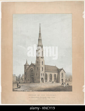 Church of the Pilgrims, Brooklyn, New York, Künstler: Frances Flora Bond Palmer, American (Born England), Leicester 1812-1876 New York, Drucker: Francis & Seymour Palmer, New York, NY, Herausgeber: Richard Upjohn, American, England 1802?1878, Pilgerkirche, Brooklyn, New York, 1844, Lithograf mit beigen und blauen Steinen und Aquarell, Bild: 13 13/16 x 10 5/8 cm (35,1 x 27 cm) Stockfoto