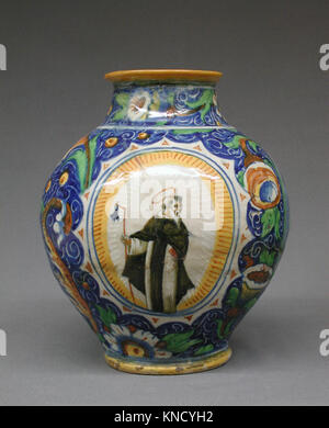 Kugelförmige vase MET LC-02 5 15-001 188535 Teekocher: Stil von Domenico Veneziano, Italienisch, aktiv von 1438? starb 1461 Florenz, kugelförmigen Vase, Ende des 16. Jahrhunderts, Majolika (tin-glasiert Steingut), Gesamt (bestätigt): 10 5/16 x 8 15/16 x 8 15/16 in. (26,2 x 22,7 x 22,7 cm). Das Metropolitan Museum of Art, New York. Geschenk des W. B. Osgood, 1902 (28.04.2005 15) Stockfoto