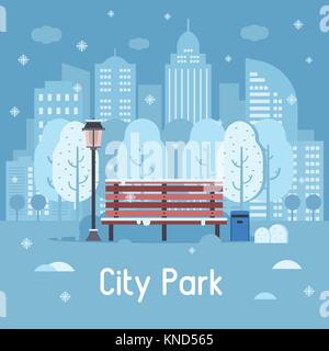 Winter City Park Landschaft mit Holzbank, Straßenlampe, Papierkorb und Bäume auf Schnee moderne Stadt Hintergrund. Snowy park Banner unter Schneefall Stock Vektor