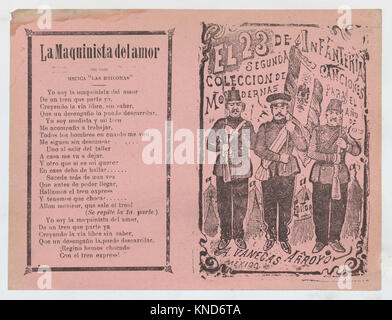 Abdeckung für 'El 23 de Infanteria", drei Infanterie Soldaten stehen in einer Linie halten Gewehre und eine Flagge MET DP 868382 738093 Artist: Jos? Guadalupe Posada, Mexikanische, 1851?1913, Herausgeber: Antonio Vanegas Arroyo, 1850?1917, Mexikanische, Abdeckung für 'El 23 de Infanteria", drei Infanterie Soldaten stehen in einer Linie halten Gewehre und eine Flagge, Ca. 1912, Foto - Entlastung und Buchdruck auf rosa Papier gedruckt, Blatt: 5 13/16? 7 7/8 in. (14.8? 20 cm). Das Metropolitan Museum of Art, New York. Der Elisa Whittelsey Sammlung, die Elisa Whittelsey Fund, 1946 (46.46.214) Stockfoto