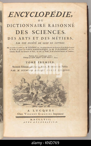 Encyclopédie, ou Wörterbuch raisonné des Sciences, des Arts et des métiers, par une société de gens de lettres MET b 1020577 001 716639 Autor: Denis Diderot, französischer, 1713?1784, Autor: Jean Le Rond d'Alembert, Französisch, 1717?1783, Autor: Ottaviano Diodati, Italienisch, 1716?1786, Herausgeber: Vincenzo Giuntini, Encyclop? sterben, ou Wörterbuch raisonn? Des Sciences, des Arts et des m?Tiers, par une Soci?t? De gens de lettres, 1758?1771, 17 Bände, Illustrationen, Höhe: 16 9/16 in. (42 cm). Das Metropolitan Museum of Art, New York. Vermächtnis von Marianne Khuner (AE25.E 532 1758 Q) Stockfoto