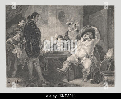 Boar's Head Tavern- Prince Hal, Falstaff and Poins (Shakespeare, First Part of Henry IV, Act 2, Scene 4) Gravierer: Charles Heath, The Elder, British, London 1785-1848 London, Artist: After Robert Smirke, British, Wigton, Cumberland 1752/53-1845 London, Subject: William Shakespeare, Britisch, Stratford-upon-Avon 1564-1616 Stratford-upon-Avon, Boar's Head Tavern: Prince Hal, Falstaff und Poins (Shakespeare, erster Teil von Heinrich IV, Act 2, Scene 4), 1825-40, Ätzen und Gravieren, Blech: 3 7/16 x 2 9/16 Zoll (8,8 x 6,5 cm). Stockfoto