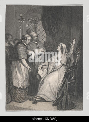 Catherine of Aragon und Kardinal Wolsey (Shakespeare, King Henry VIII, Act 3, Scene 1) Graviererin: Edward J. Potbury, britisch, 1795-1885, Künstler: Nach Philip Francis Stephanoff, britisch, London 1787/1790-1860 Hanham, Gloucestershire, Betreff: William Shakespeare, Britisch, Stratford-upon-Avon 1564-1616 Stratford-upon-Avon, Katharina von Aragon und Kardinal Wolsey (Shakespeare, König Heinrich VIII, Act 3, Scene 1), 1825-40, Ätzen und Gravieren, Blatt: 3 7/16 x 2 9/16 Zoll (8,8 x 6,5 cm). Stockfoto