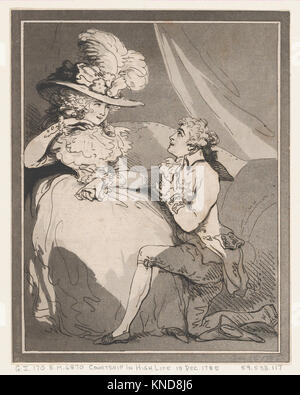 Diese handkolorierte Ätzung „Baltship in High Life“ von Thomas Rowlandson (1785) zeigt Balzszenen unter dem britischen Adel und veranschaulicht soziale Interaktion und Mode aus dem 18. Jahrhundert. Stockfoto