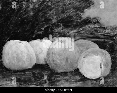 Ein stilllebendes Gemälde von Äpfeln im Stil von Gustave Courbet, das den französischen Realismus und die naturalistische Darstellung des 19. Jahrhunderts widerspiegelt. Stockfoto