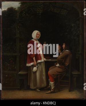 Eine Frau und zwei Männer in einem Arbor, Ölgemälde von dutch Pieter de Hooch (1629-1684), ca. 1657-58 Stockfoto