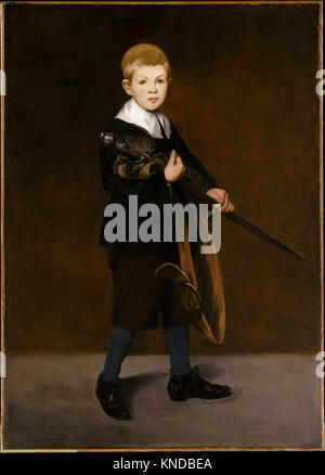 Dieses Ölgemälde von Edouard Manet aus dem Jahr 1861 zeigt einen Jungen mit einem Schwert, der jugendliche Trotz, realistische Darstellung und einen französischen künstlerischen Stil des 19. Jahrhunderts demonstriert. Stockfoto